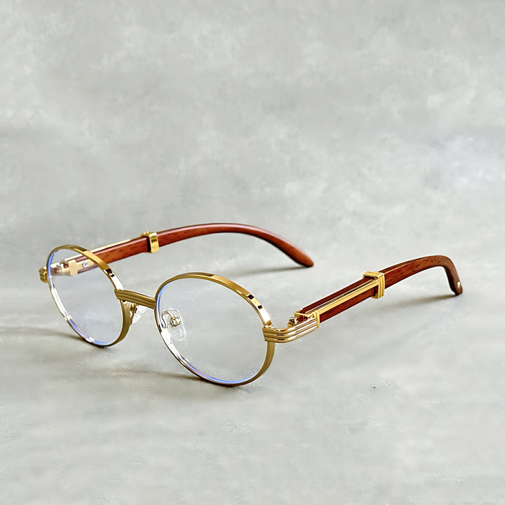 Harper | Sunglasses Round Gold Frame Wood Temple UV400 Protection