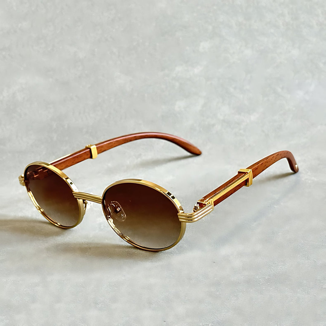 Harper | Sunglasses Round Gold Frame Wood Temple UV400 Protection