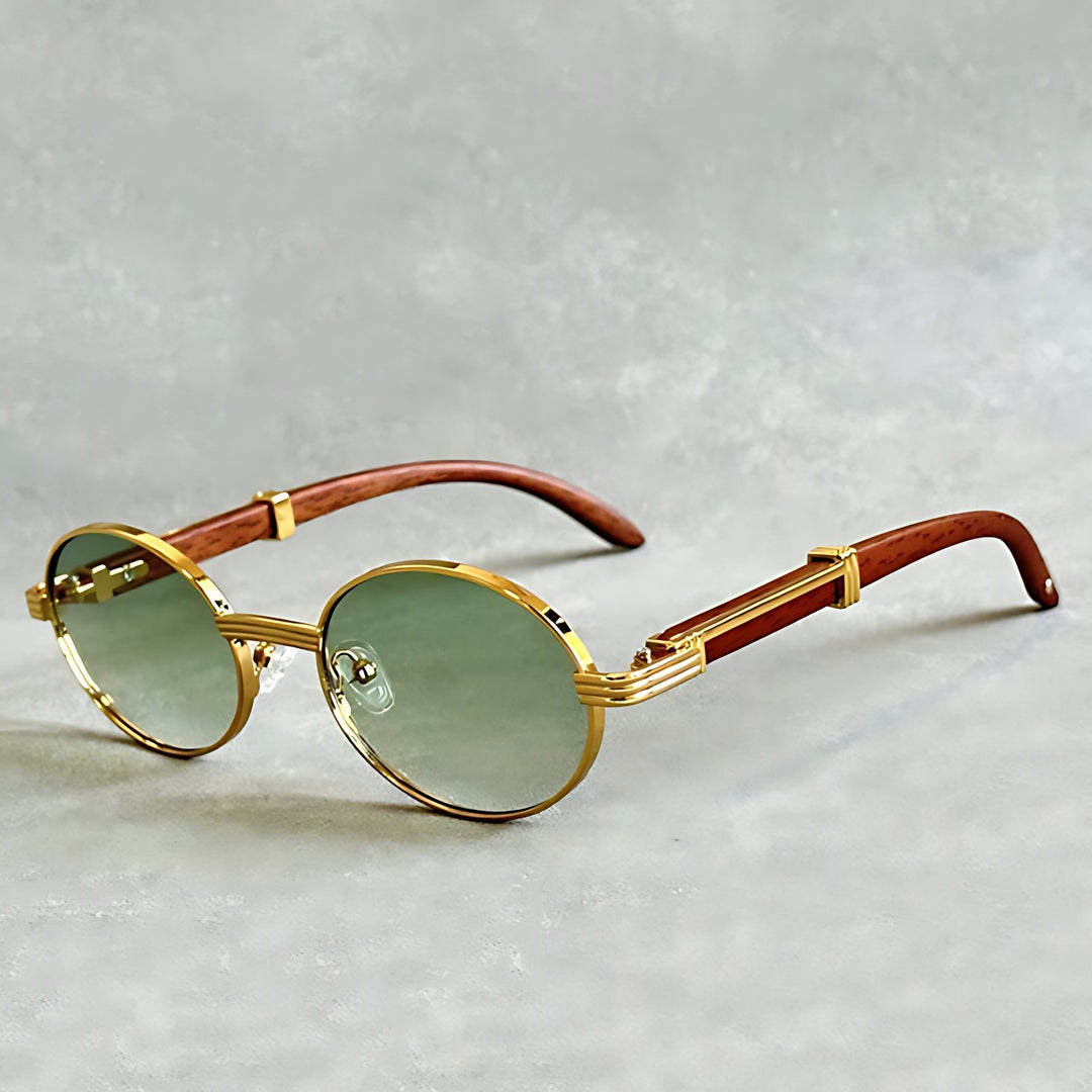 Harper | Sunglasses Round Gold Frame Wood Temple UV400 Protection
