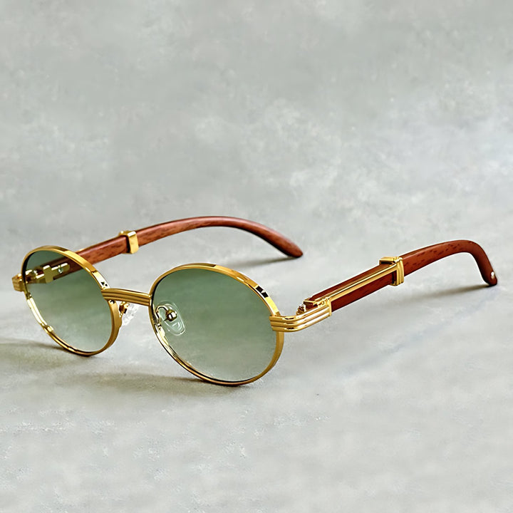 Harper | Sunglasses Round Gold Frame Wood Temple UV400 Protection