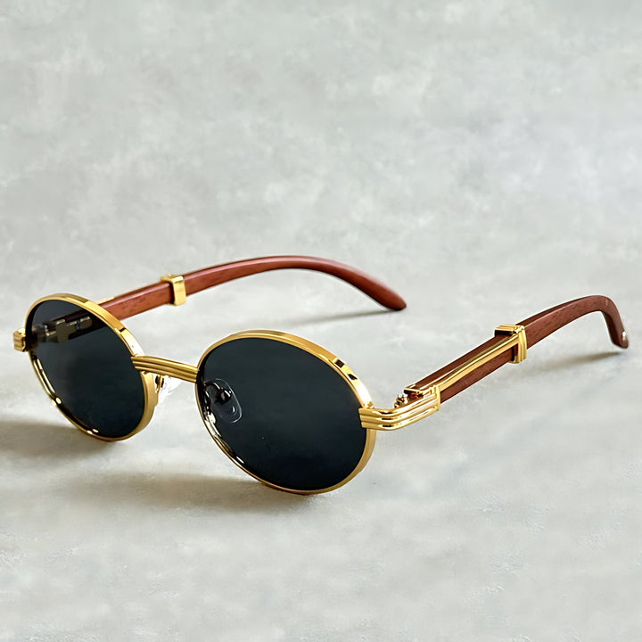 Harper | Sunglasses Round Gold Frame Wood Temple UV400 Protection