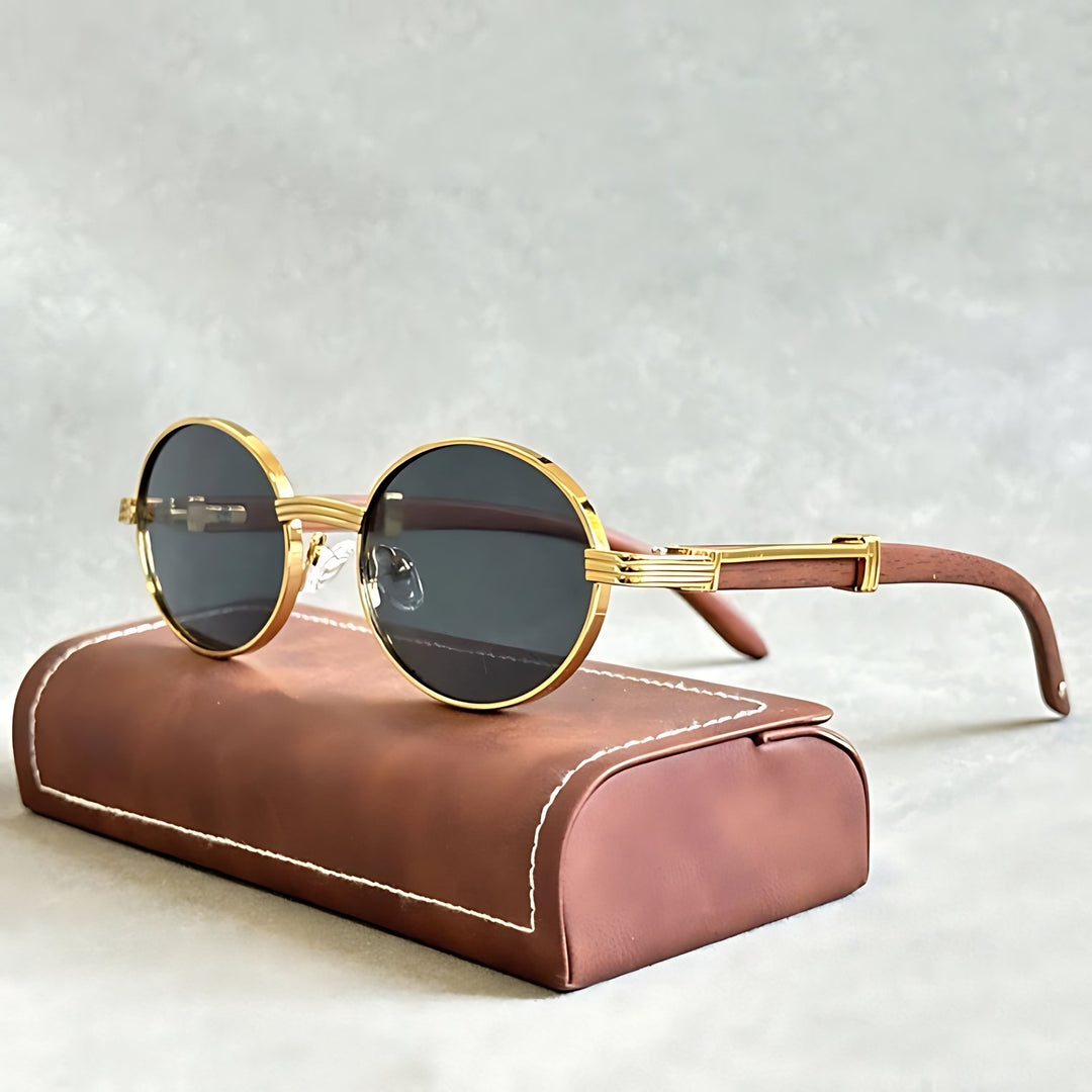 Harper | Sunglasses Round Gold Frame Wood Temple UV400 Protection