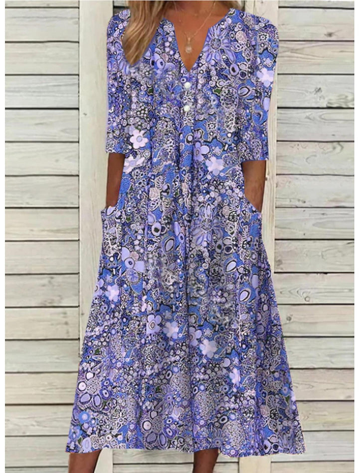 Hazel | Women's Boho Floral Pocket Midi Summer Dress