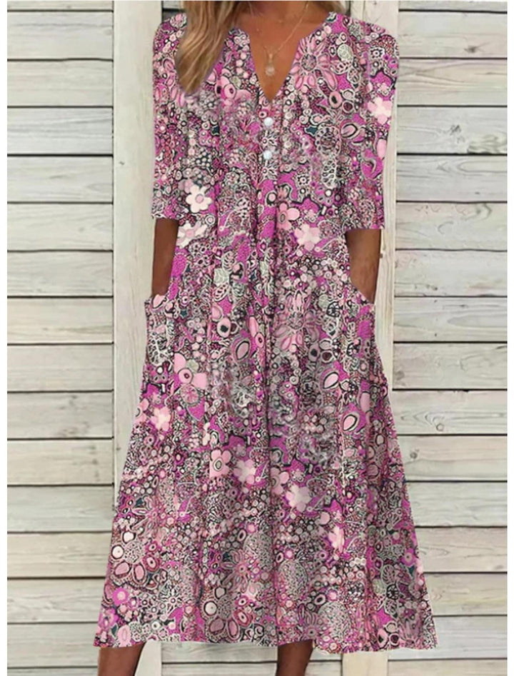 Hazel | Women's Boho Floral Pocket Midi Summer Dress