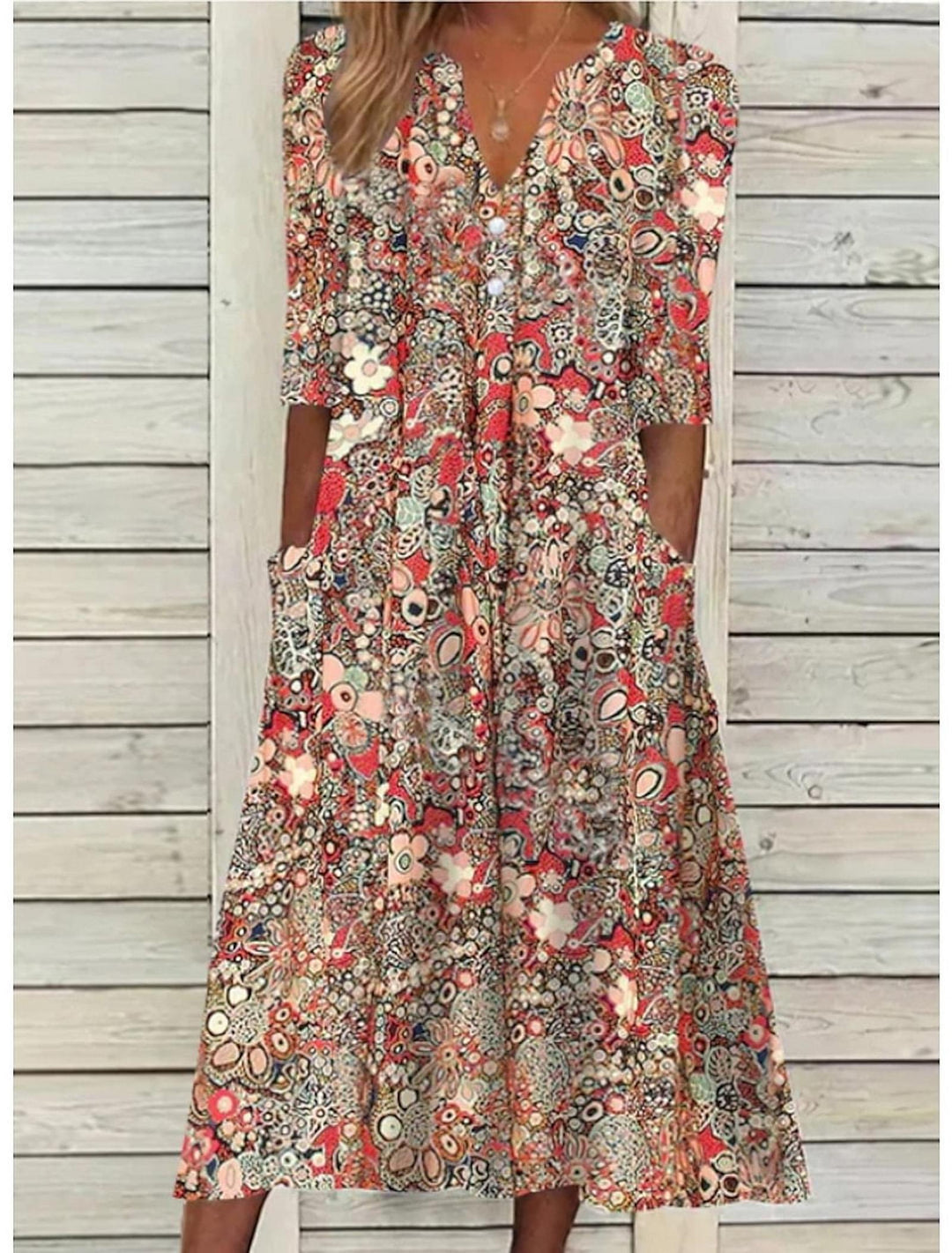 Hazel | Women's Boho Floral Pocket Midi Summer Dress