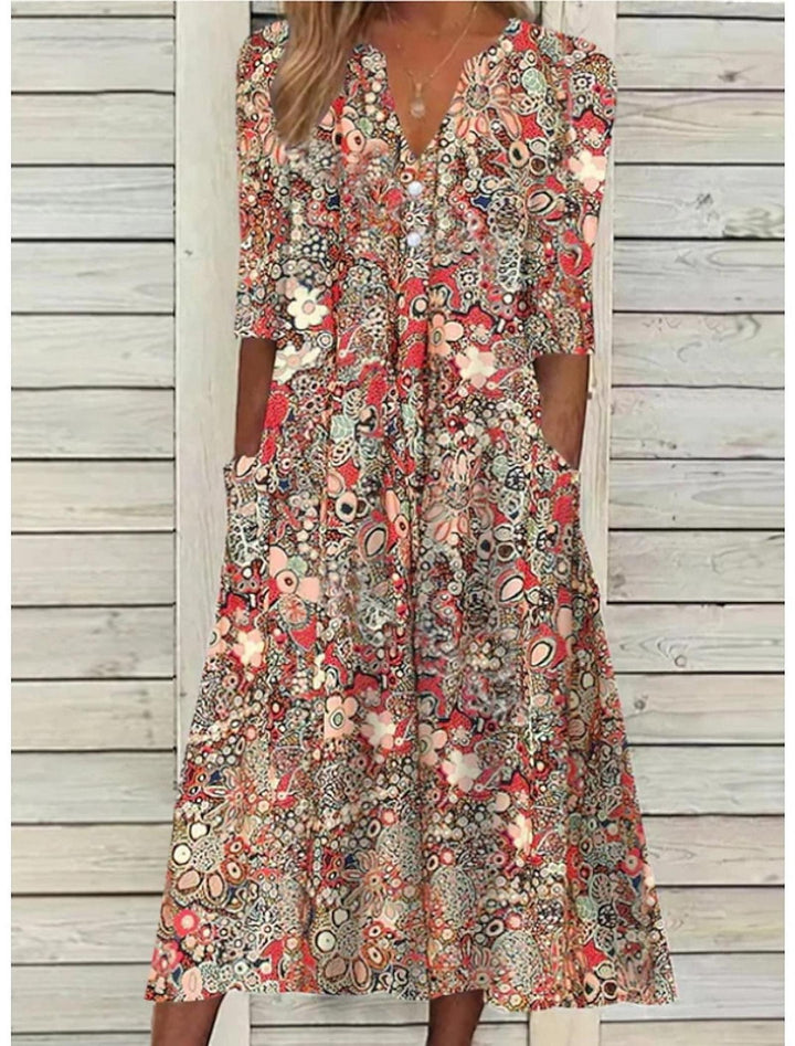 Hazel | Women's Boho Floral Pocket Midi Summer Dress