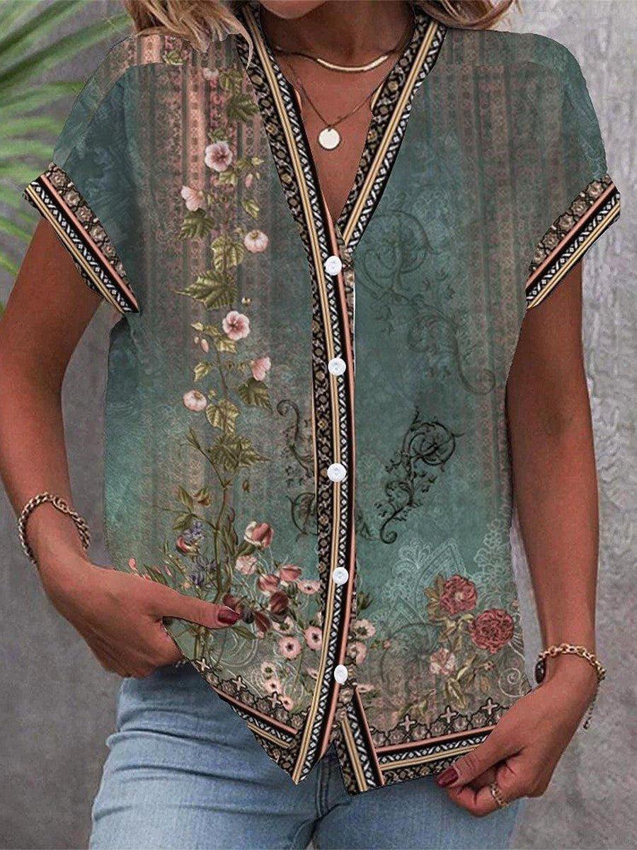 Isabella | Women's Boho Floral V-Neck Button Down Blouse Short Sleeve