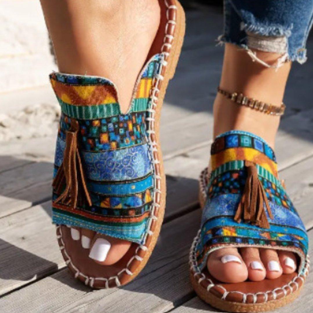 Isabella | Women's Slide Sandals Open Toe Tassel Flat Boho Pattern