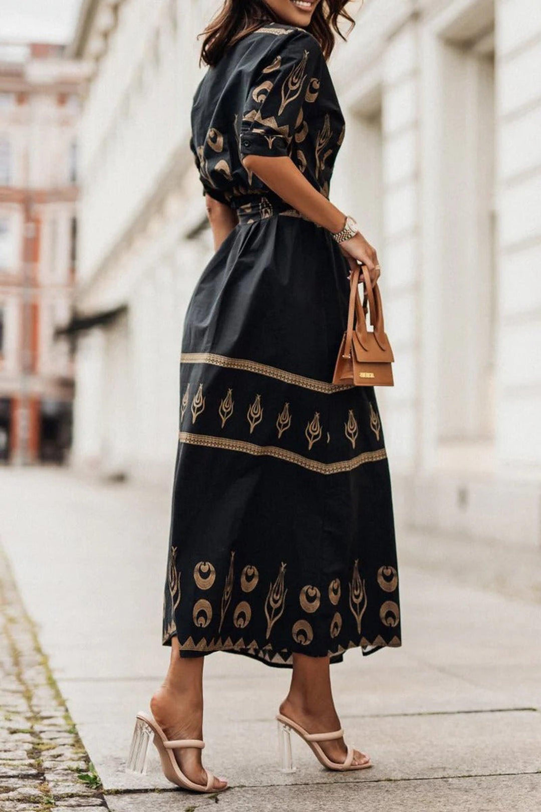 Ivy | Women's Boho Printed Belted Long Sleeve Midi Dress