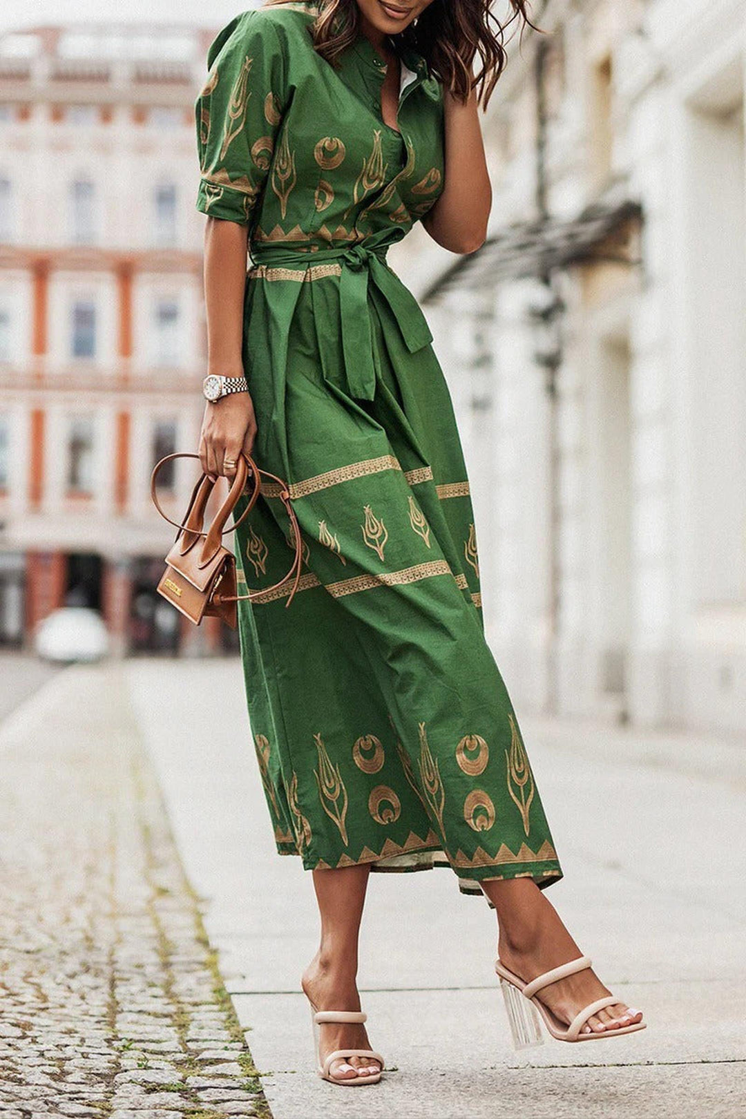 Ivy | Women's Boho Printed Belted Long Sleeve Midi Dress