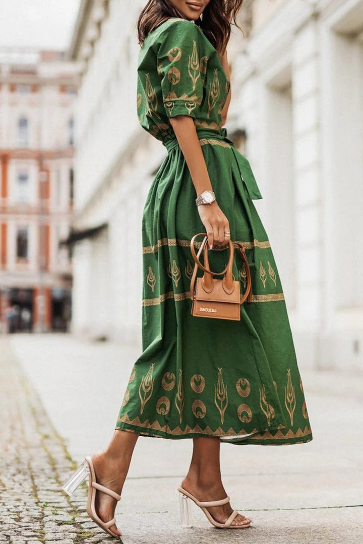 Ivy | Women's Boho Printed Belted Long Sleeve Midi Dress