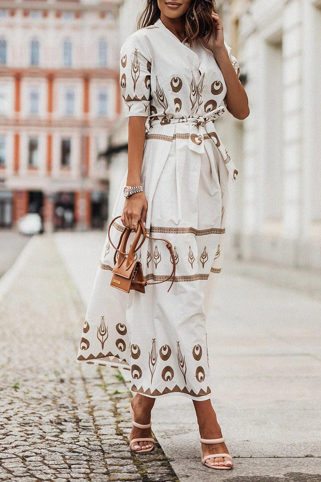 Ivy | Women's Boho Printed Belted Long Sleeve Midi Dress