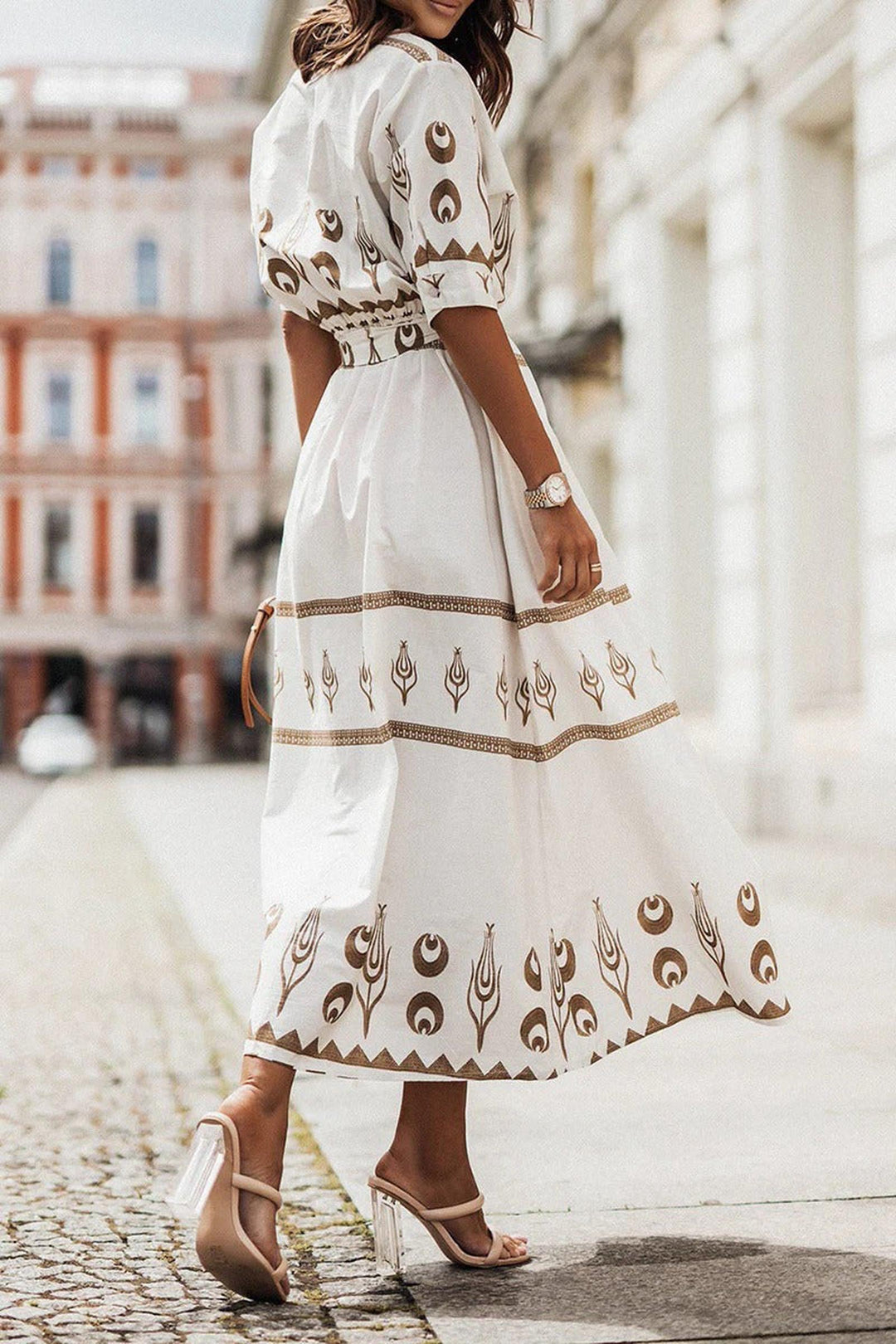 Ivy | Women's Boho Printed Belted Long Sleeve Midi Dress