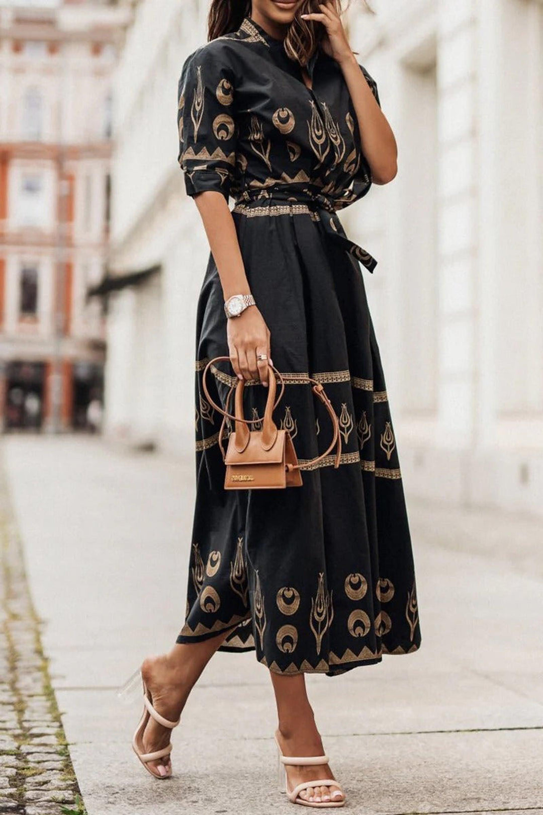 Ivy | Women's Boho Printed Belted Long Sleeve Midi Dress