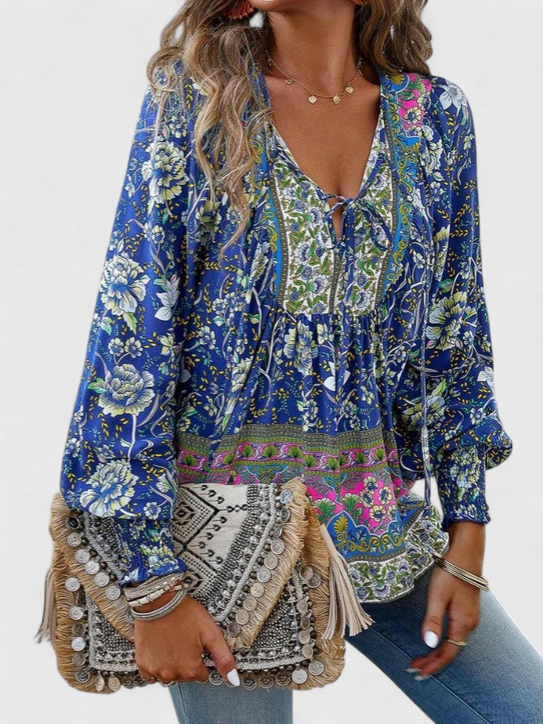 Jessica | Women's Boho Floral Long Sleeve Peasant Top
