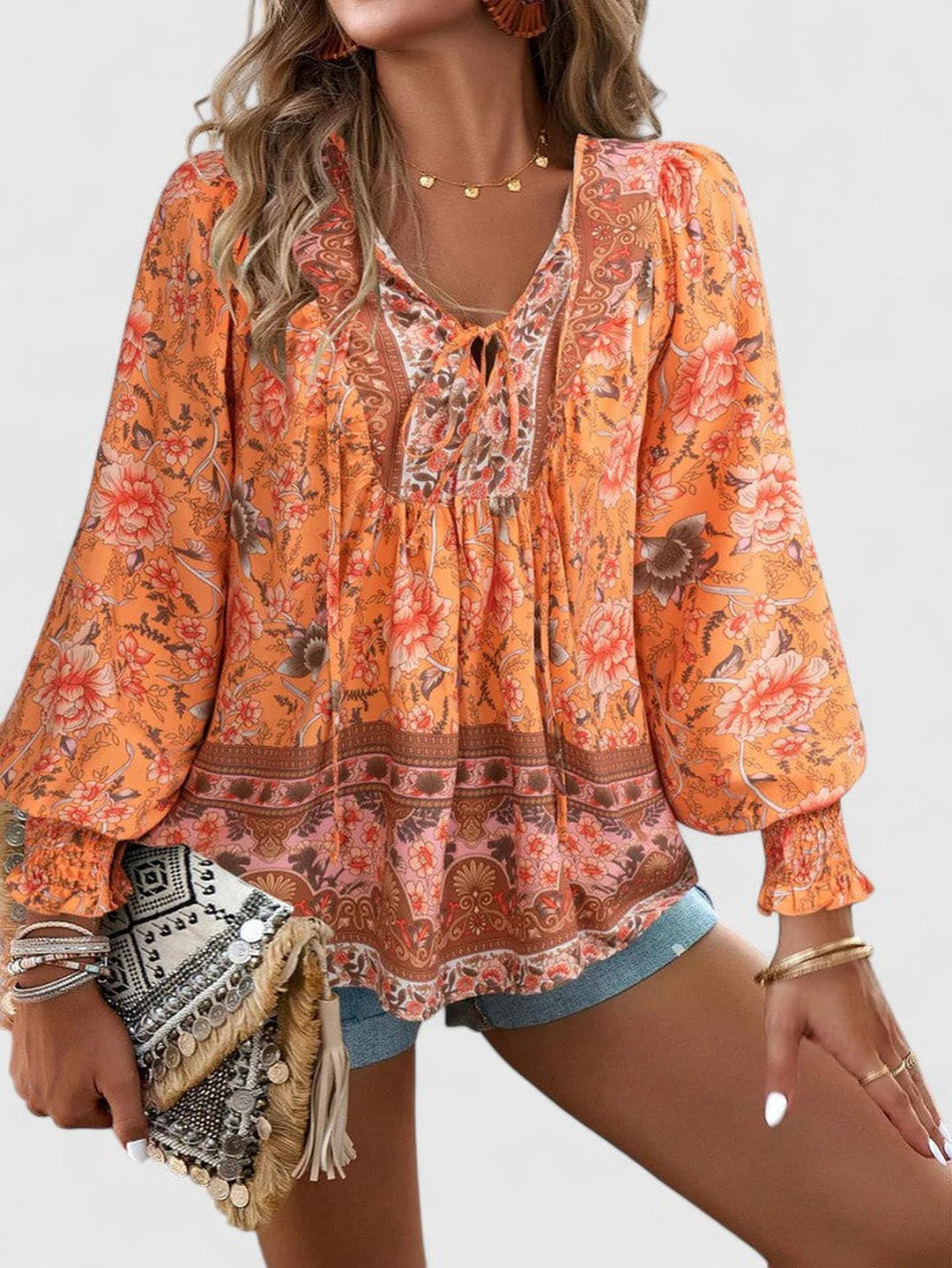 Jessica | Women's Boho Floral Long Sleeve Peasant Top