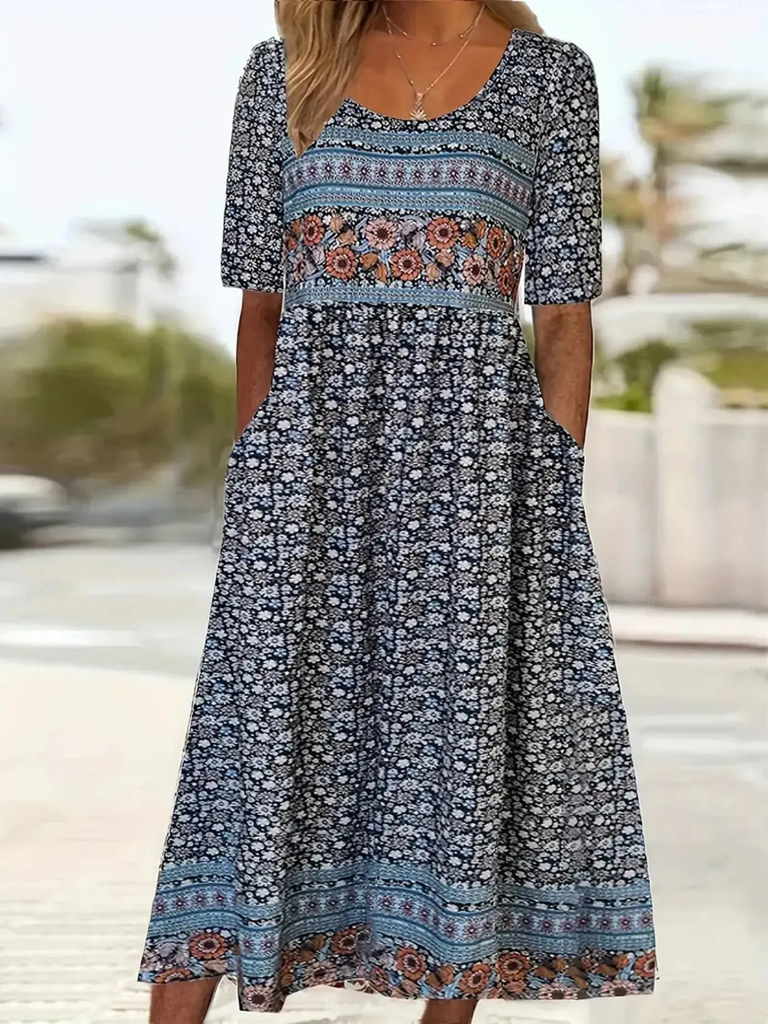 Kaitlyn | Women's Boho Printed Square Neck Short Sleeve Midi Dress