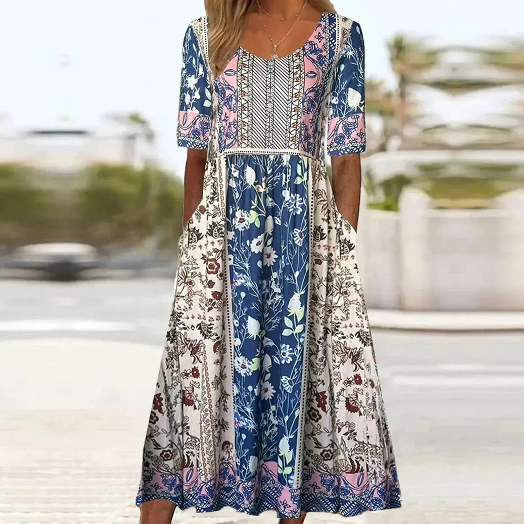 Kaitlyn | Women's Boho Printed Square Neck Short Sleeve Midi Dress