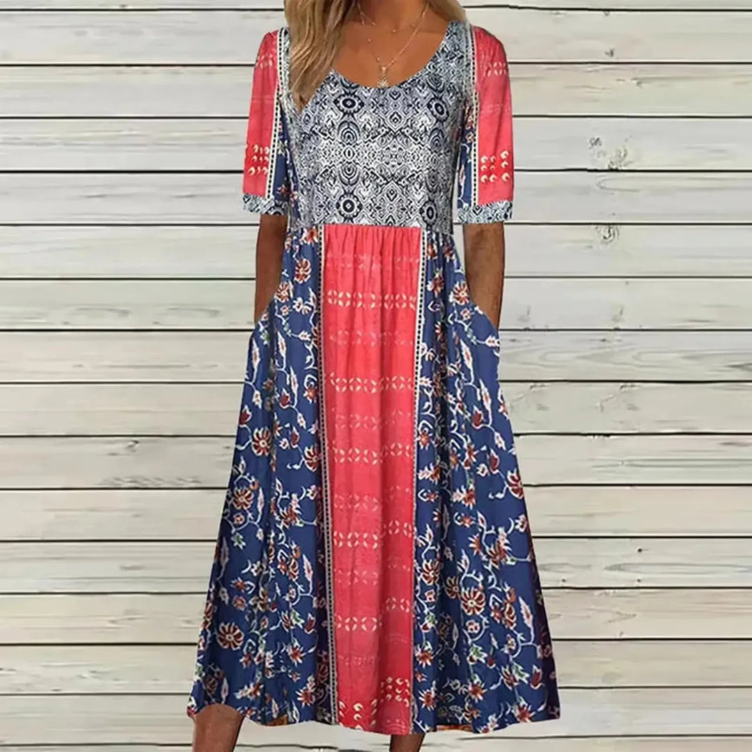 Kaitlyn | Women's Boho Printed Square Neck Short Sleeve Midi Dress