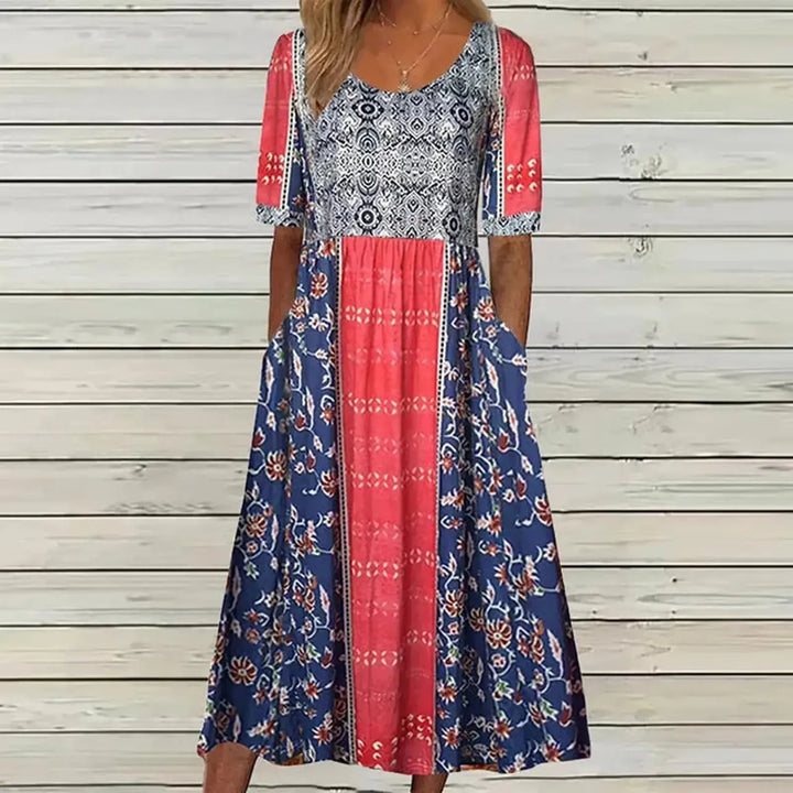 Kaitlyn | Women's Boho Printed Square Neck Short Sleeve Midi Dress