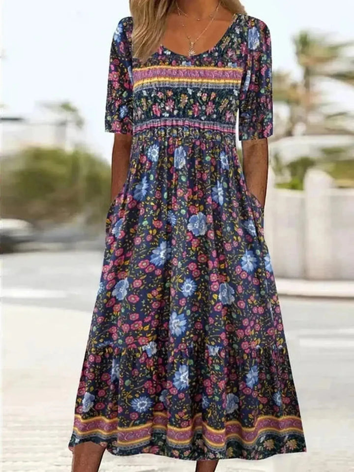 Kaitlyn | Women's Boho Printed Square Neck Short Sleeve Midi Dress