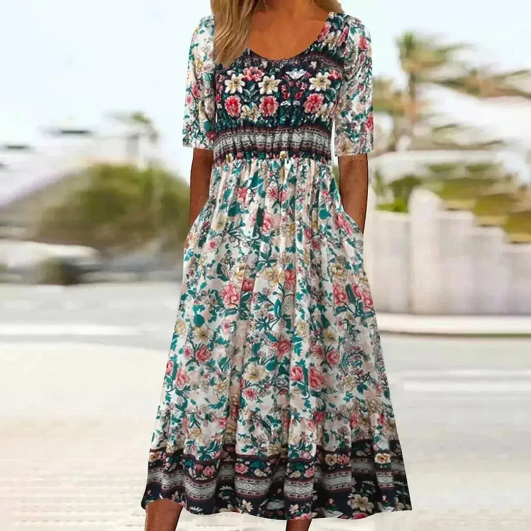 Kaitlyn | Women's Boho Printed Square Neck Short Sleeve Midi Dress
