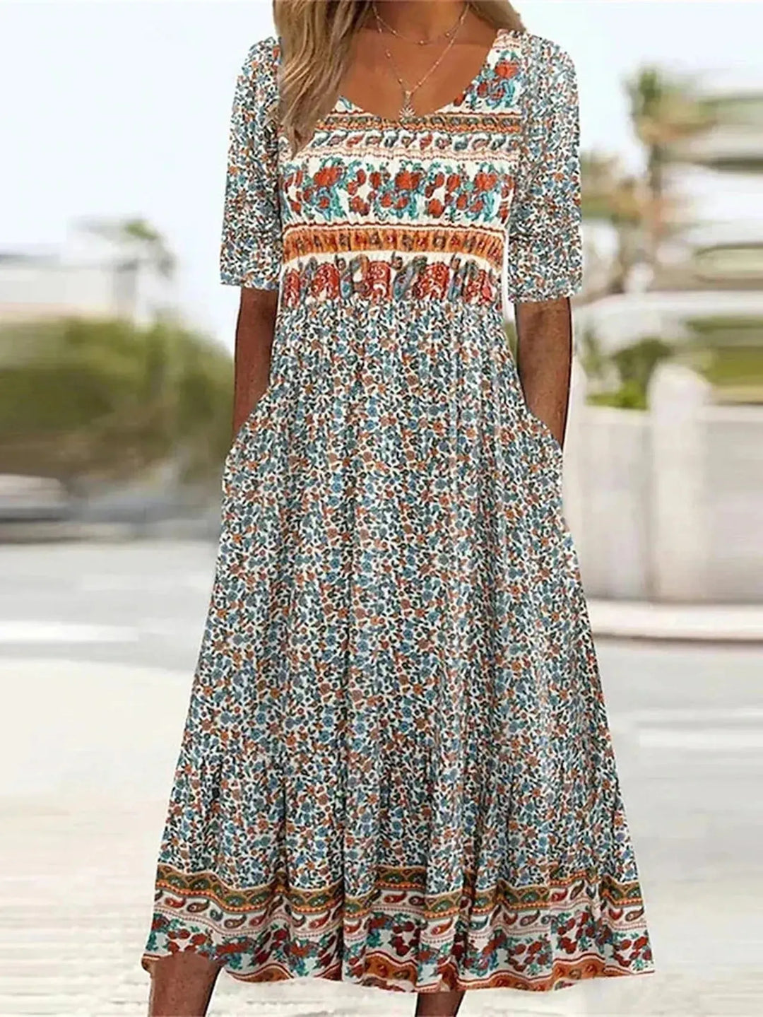 Kaitlyn | Women's Boho Printed Square Neck Short Sleeve Midi Dress