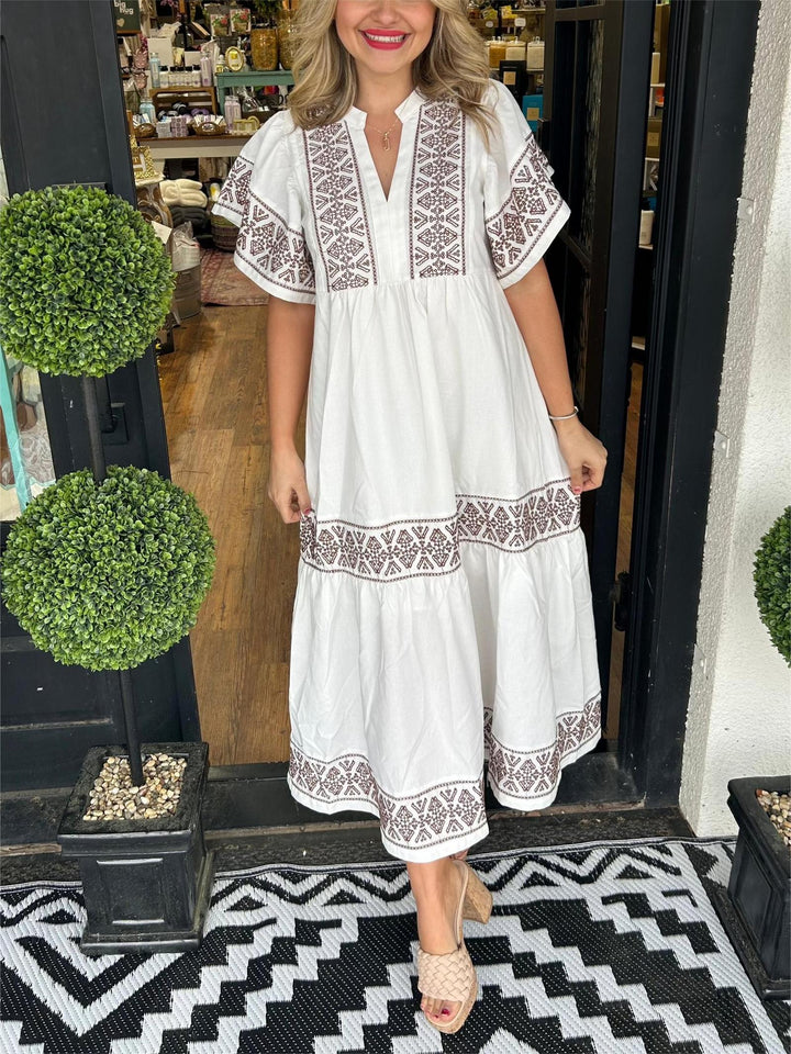 Katherine | Women's Boho Embroidered V Neck Flowy Dress