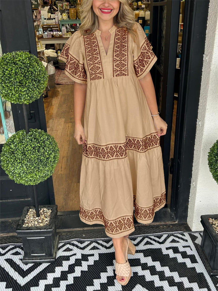 Katherine | Women's Boho Embroidered V Neck Flowy Dress