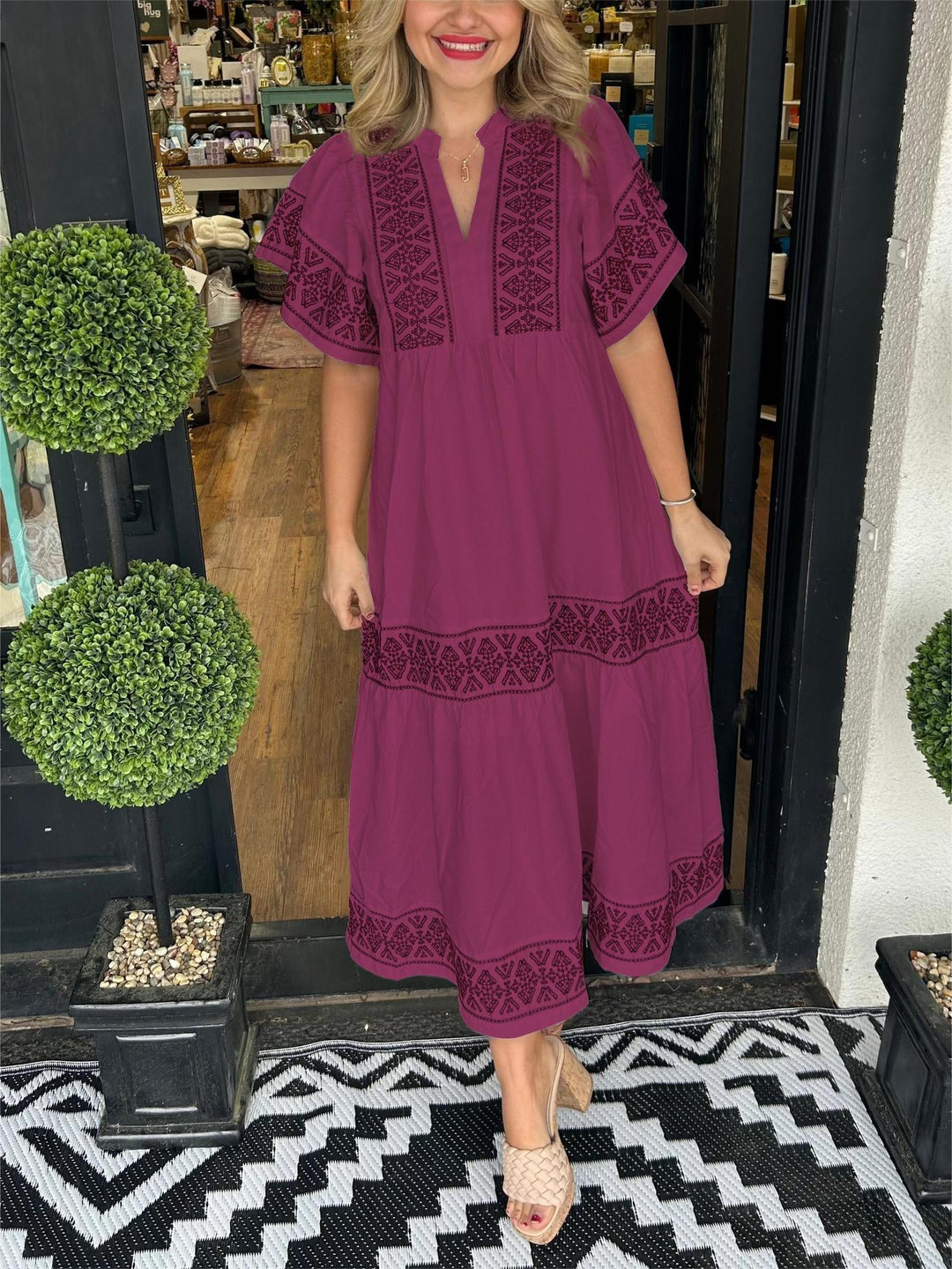 Katherine | Women's Boho Embroidered V Neck Flowy Dress