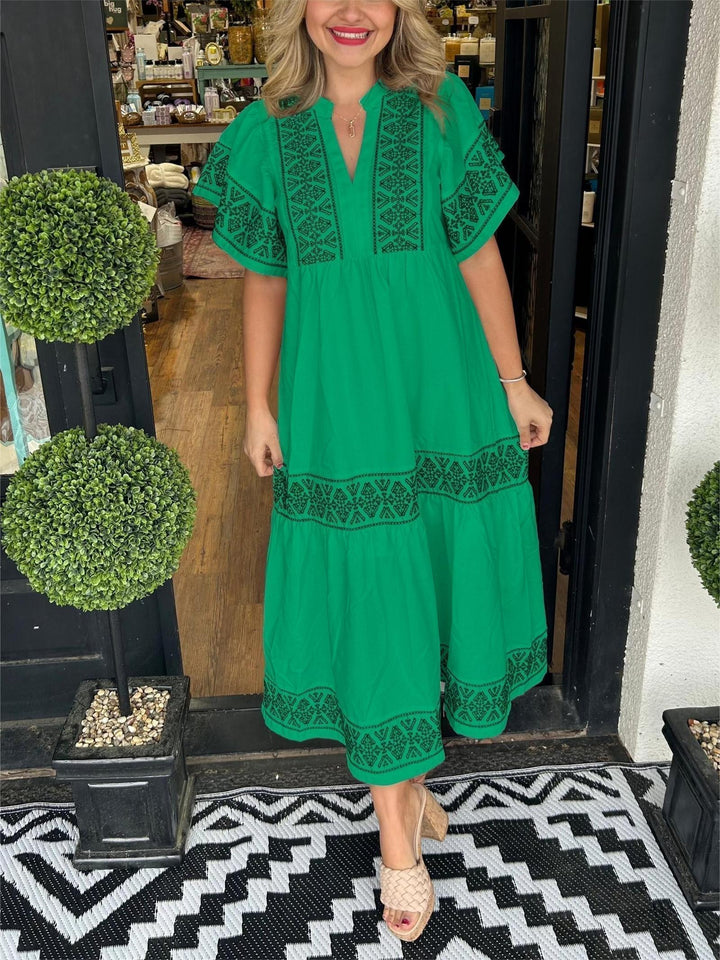 Katherine | Women's Boho Embroidered V Neck Flowy Dress