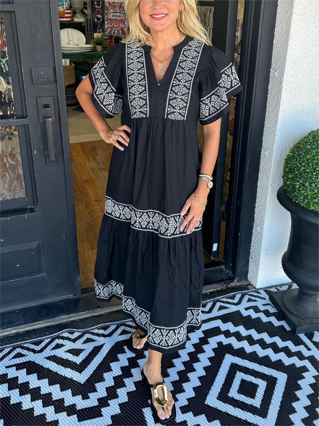 Katherine | Women's Boho Embroidered V Neck Flowy Dress