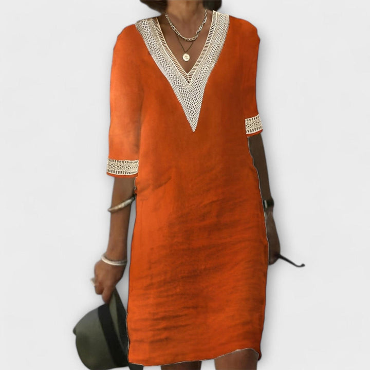 Kayla | Women's Boho V Neck Lace Trim Relaxed Dress