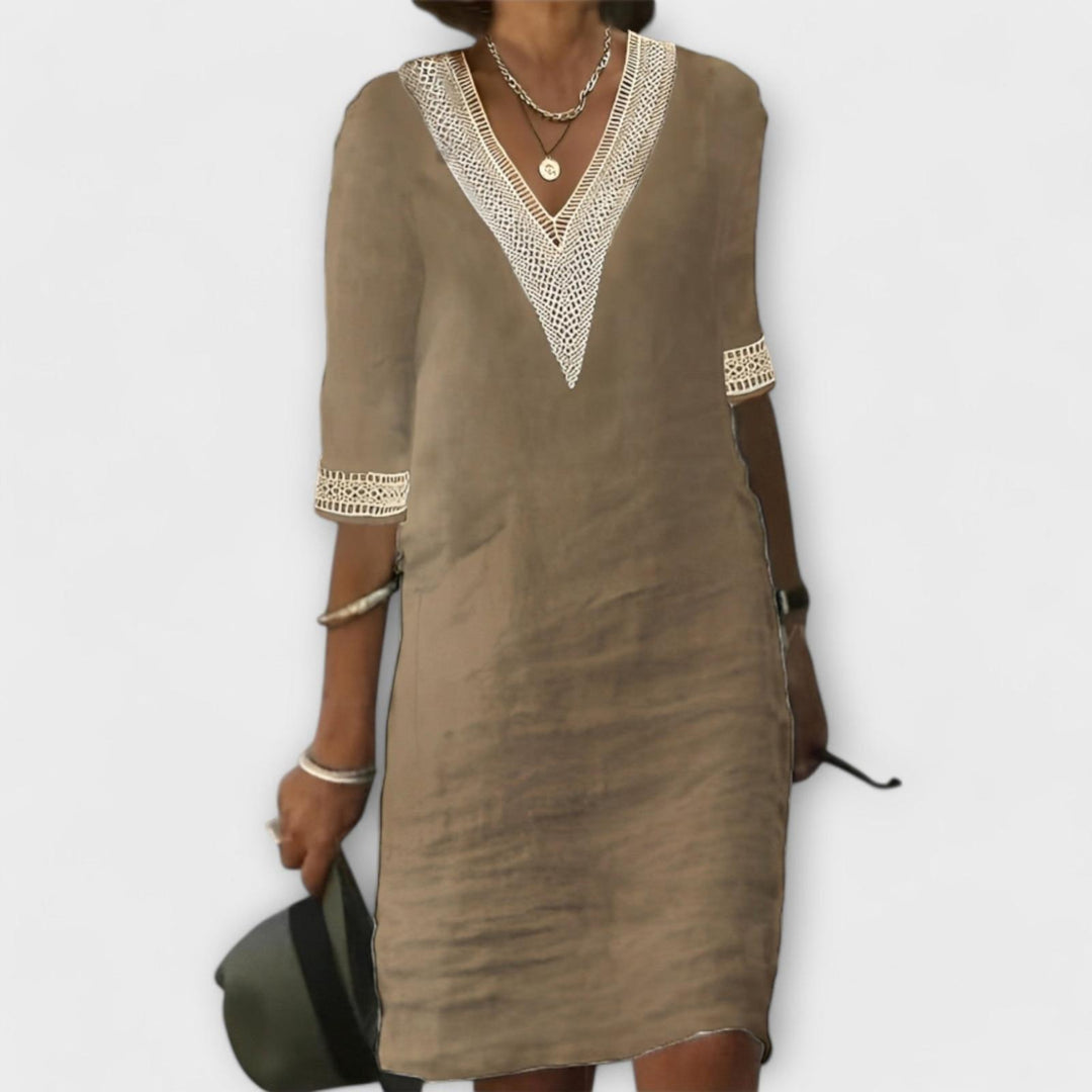 Kayla | Women's Boho V Neck Lace Trim Relaxed Dress