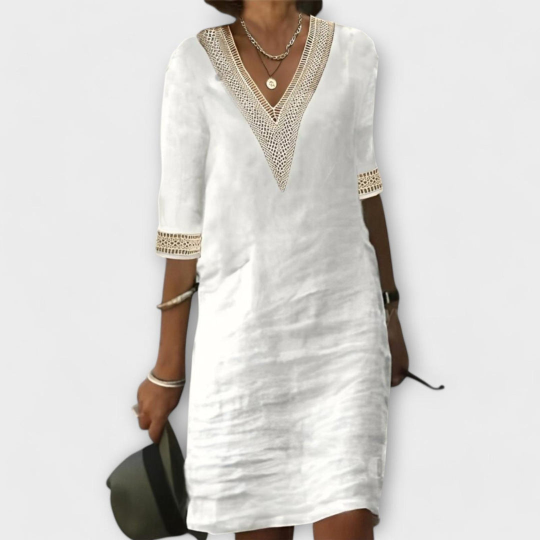 Kayla | Women's Boho V Neck Lace Trim Relaxed Dress