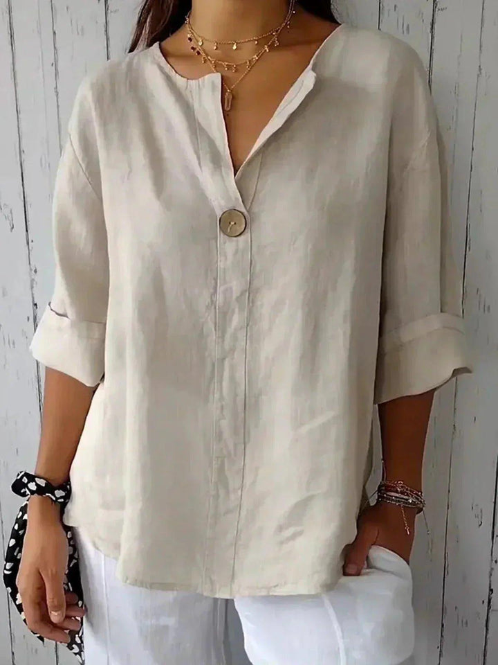Layla | Women's Linen V-Neck Button Down Blouse Roll Tab Sleeves