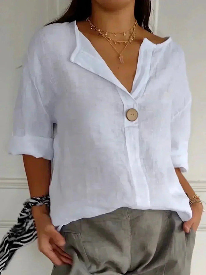 Layla | Women's Linen V-Neck Button Down Blouse Roll Tab Sleeves