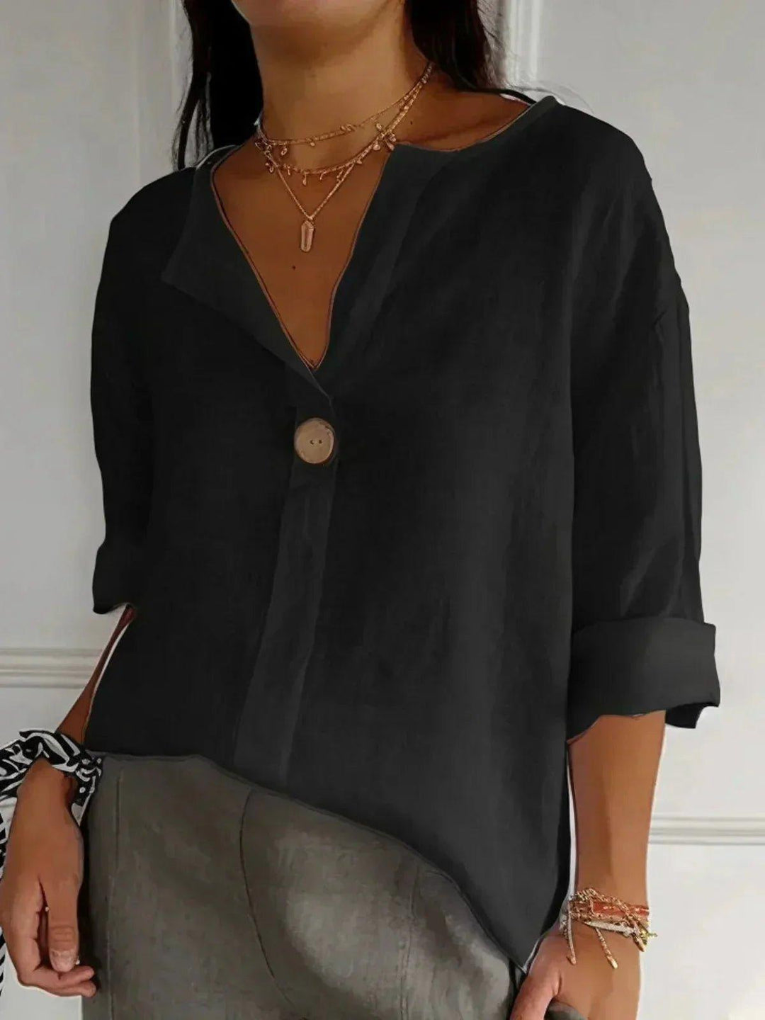 Layla | Women's Linen V-Neck Button Down Blouse Roll Tab Sleeves