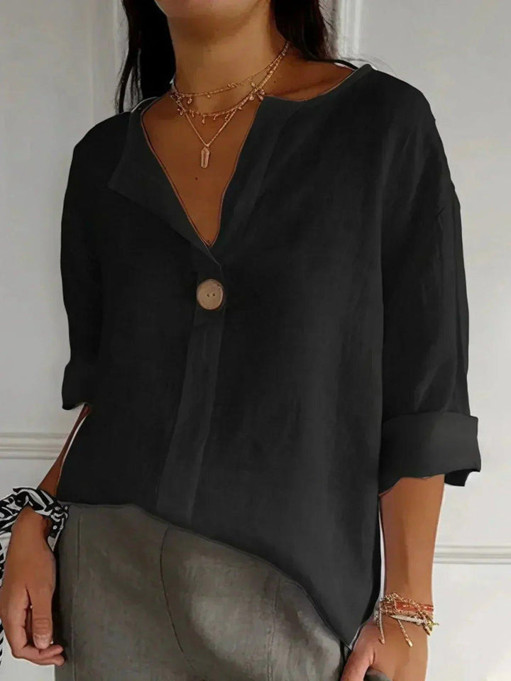 Layla | Women's Linen V-Neck Button Down Blouse Roll Tab Sleeves