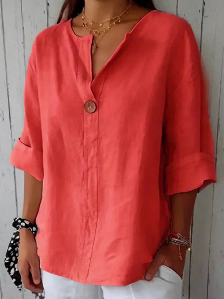 Layla | Women's Linen V-Neck Button Down Blouse Roll Tab Sleeves