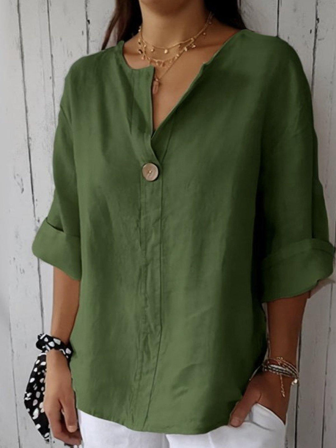 Layla | Women's Linen V-Neck Button Down Blouse Roll Tab Sleeves