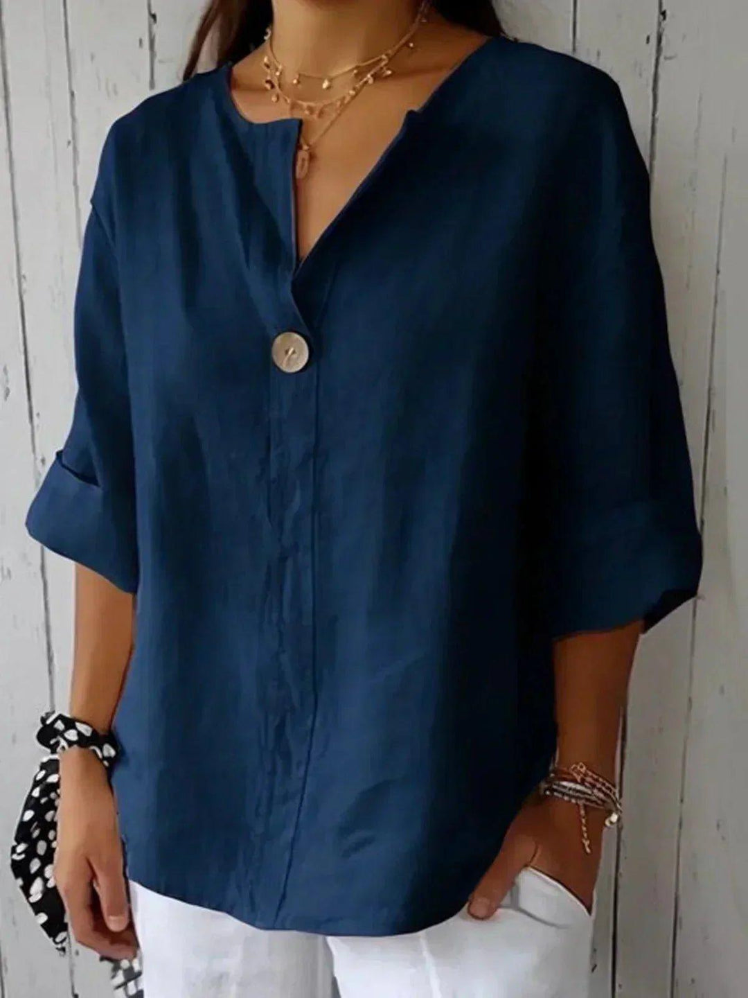 Layla | Women's Linen V-Neck Button Down Blouse Roll Tab Sleeves