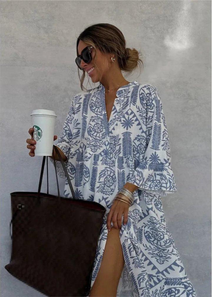 Luna | Midi Dress Linen Boho Print Oversized Flowy Stand Collar