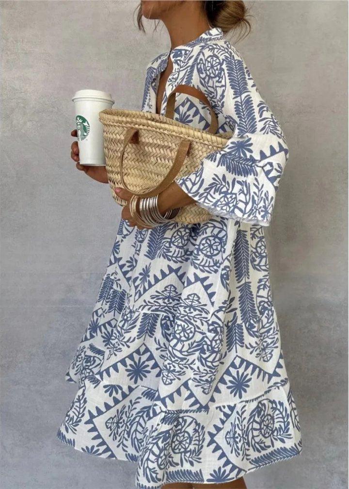 Luna | Midi Dress Linen Boho Print Oversized Flowy Stand Collar