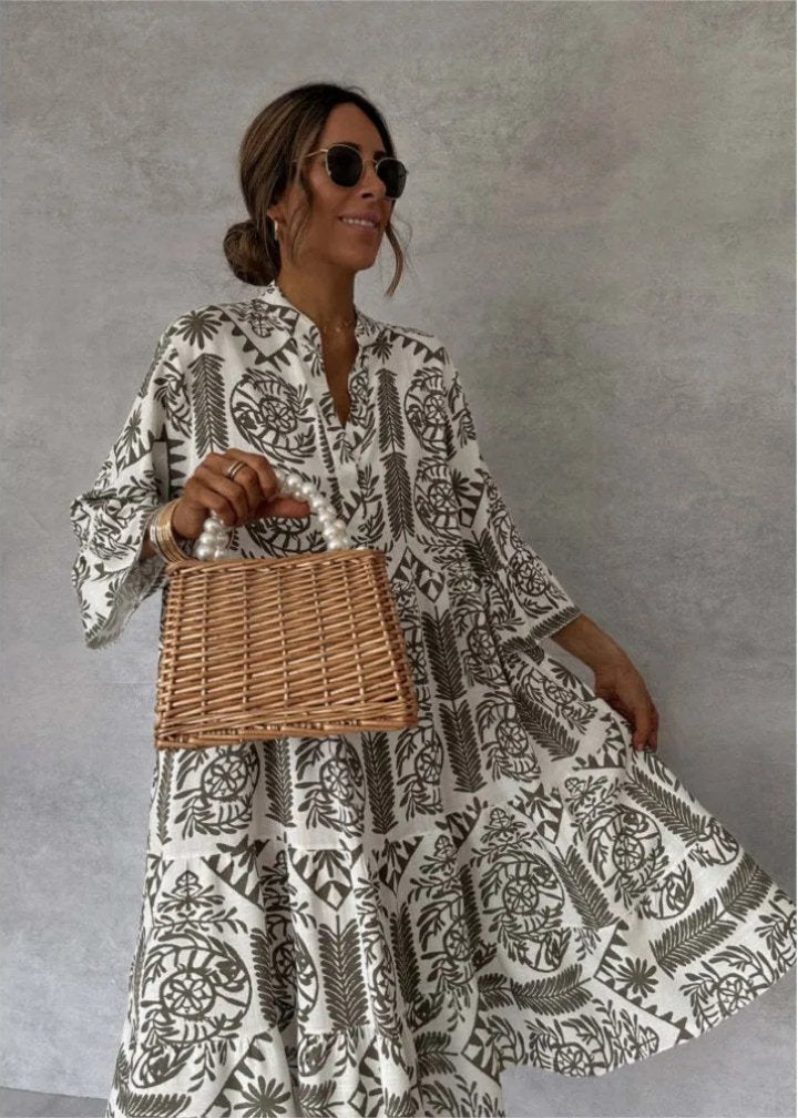 Luna | Midi Dress Linen Boho Print Oversized Flowy Stand Collar