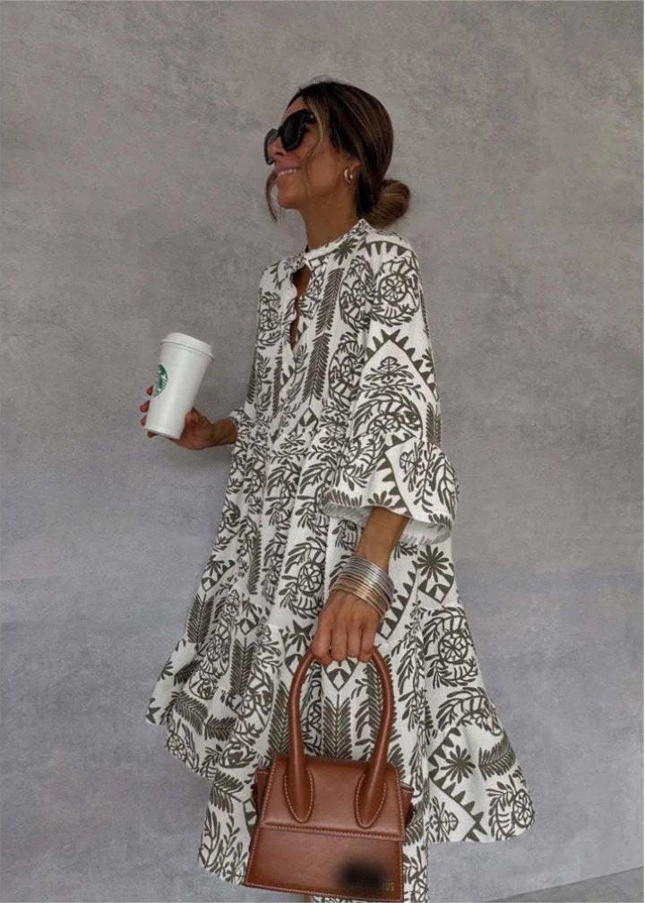 Luna | Midi Dress Linen Boho Print Oversized Flowy Stand Collar