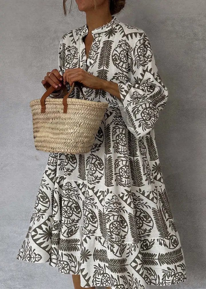 Luna | Midi Dress Linen Boho Print Oversized Flowy Stand Collar