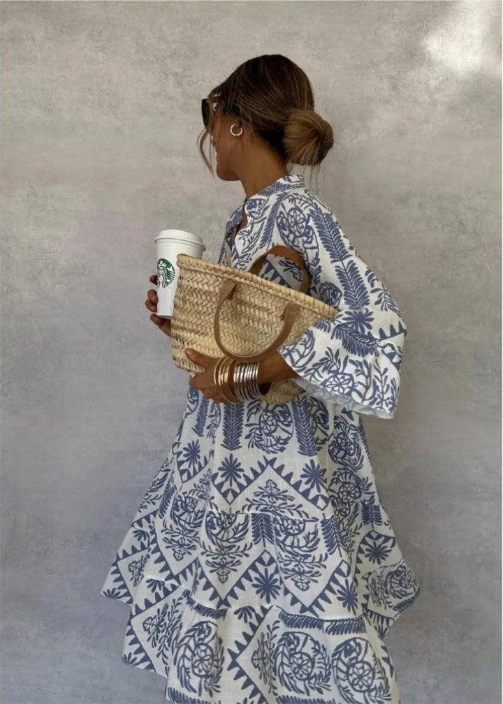 Luna | Midi Dress Linen Boho Print Oversized Flowy Stand Collar