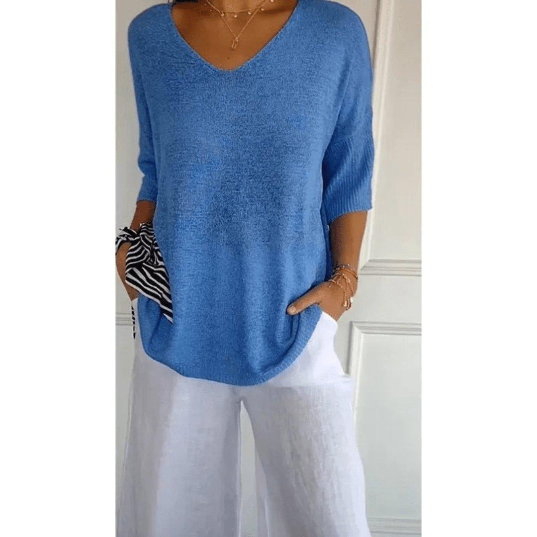 Luna | Women's Linen V-Neck Blouse 3/4 Sleeve Relaxed Fit Top