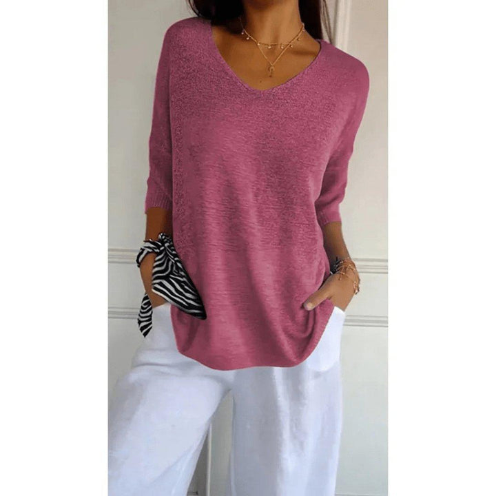 Luna | Women's Linen V-Neck Blouse 3/4 Sleeve Relaxed Fit Top
